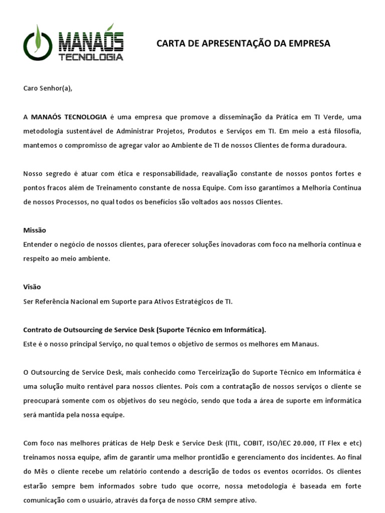 Carta de Apresentação  Manaós Tecnologia  PDF  Tecnologia da