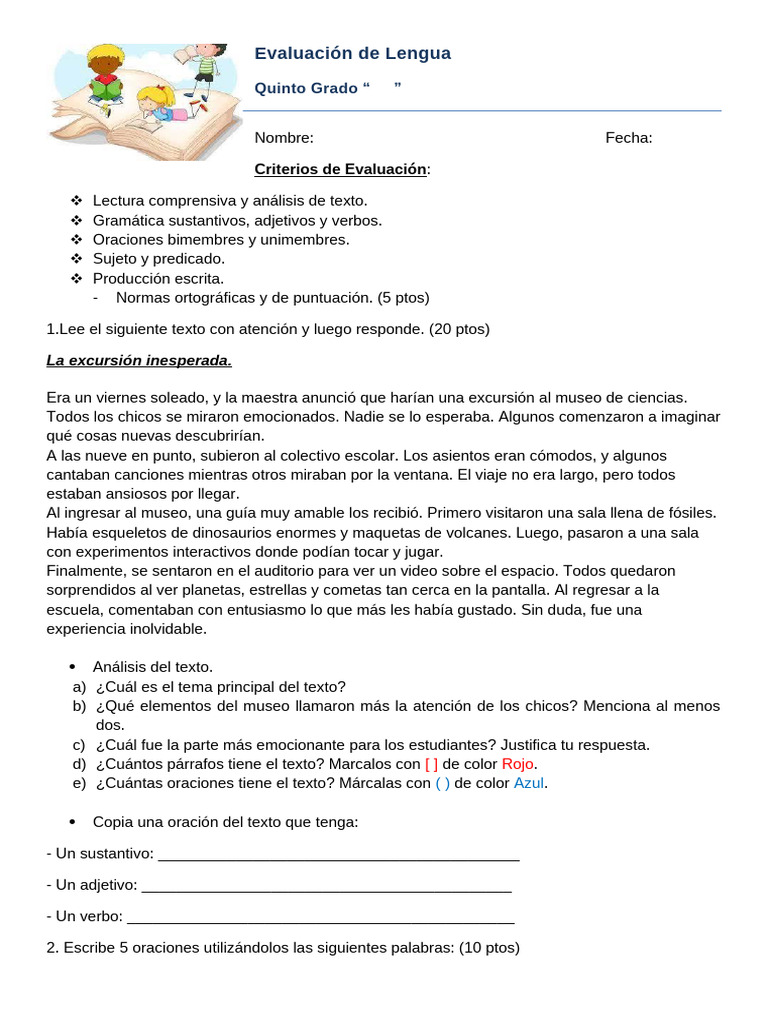 Evaluación Lengua Quinto Grado 2025 | PDF | Predicado (Gramática ...
