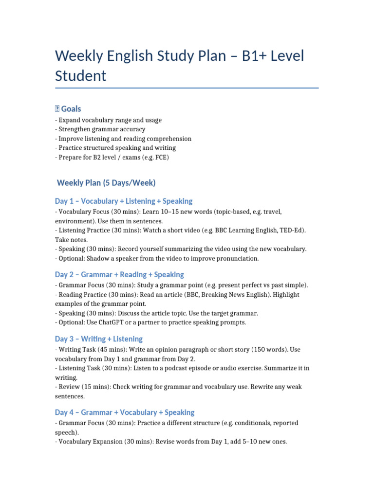Weekly B1+ English Study Plan | PDF