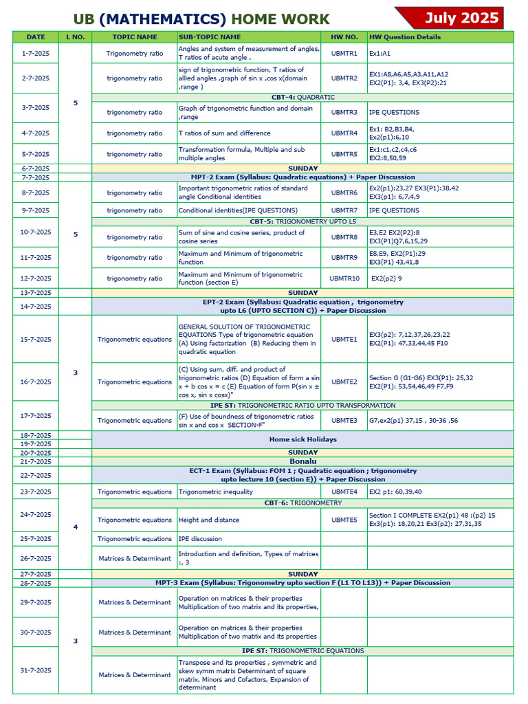 July 2025 Math and Science Homework Schedule | PDF | Trigonometry ...