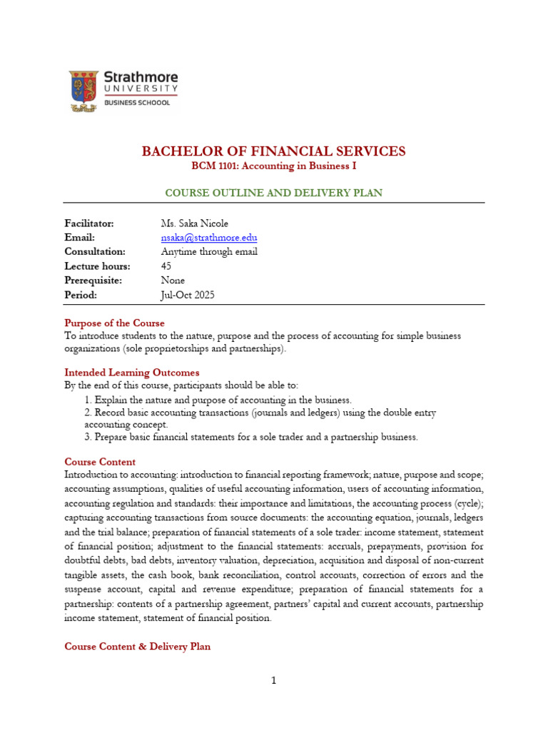Accounting in Business I Course Outline | PDF | Expense | Business ...