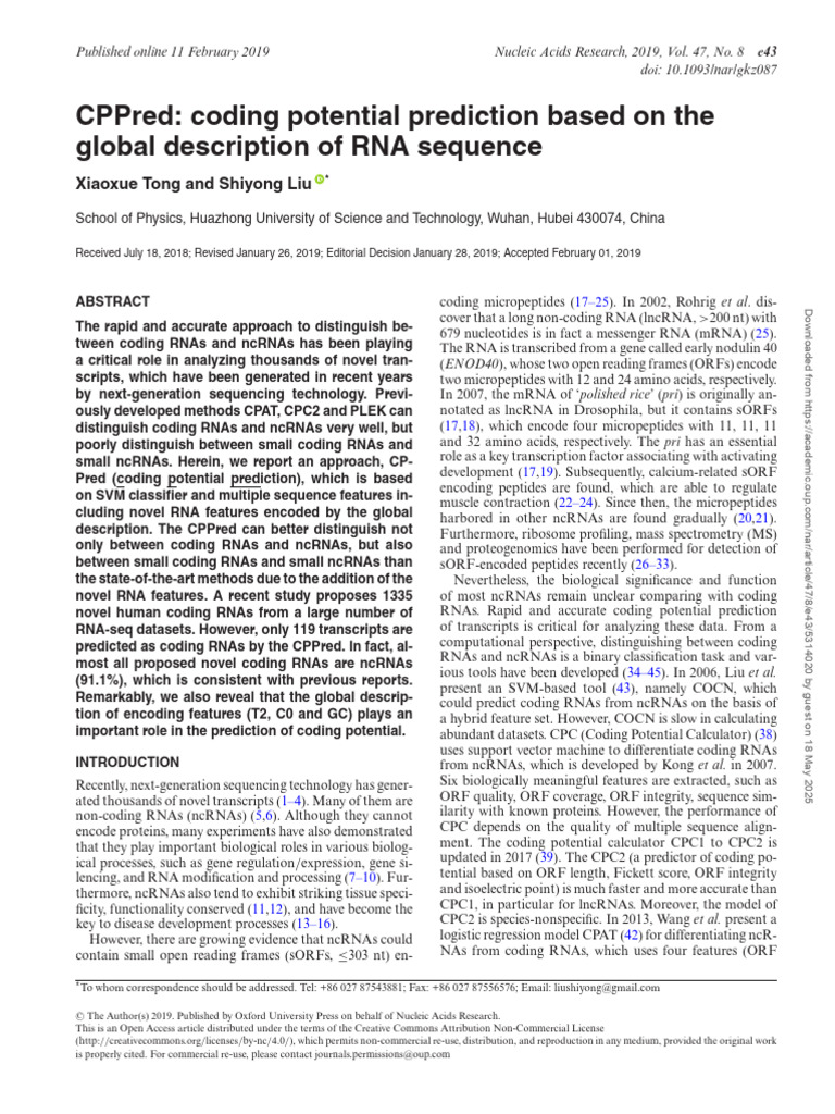 CPPred: Enhanced RNA Coding Potential Prediction | PDF | Open Reading ...