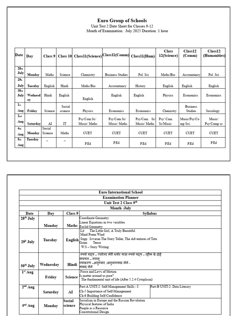 Euro School July 2025 Unit Test Schedule | PDF | Mathematics