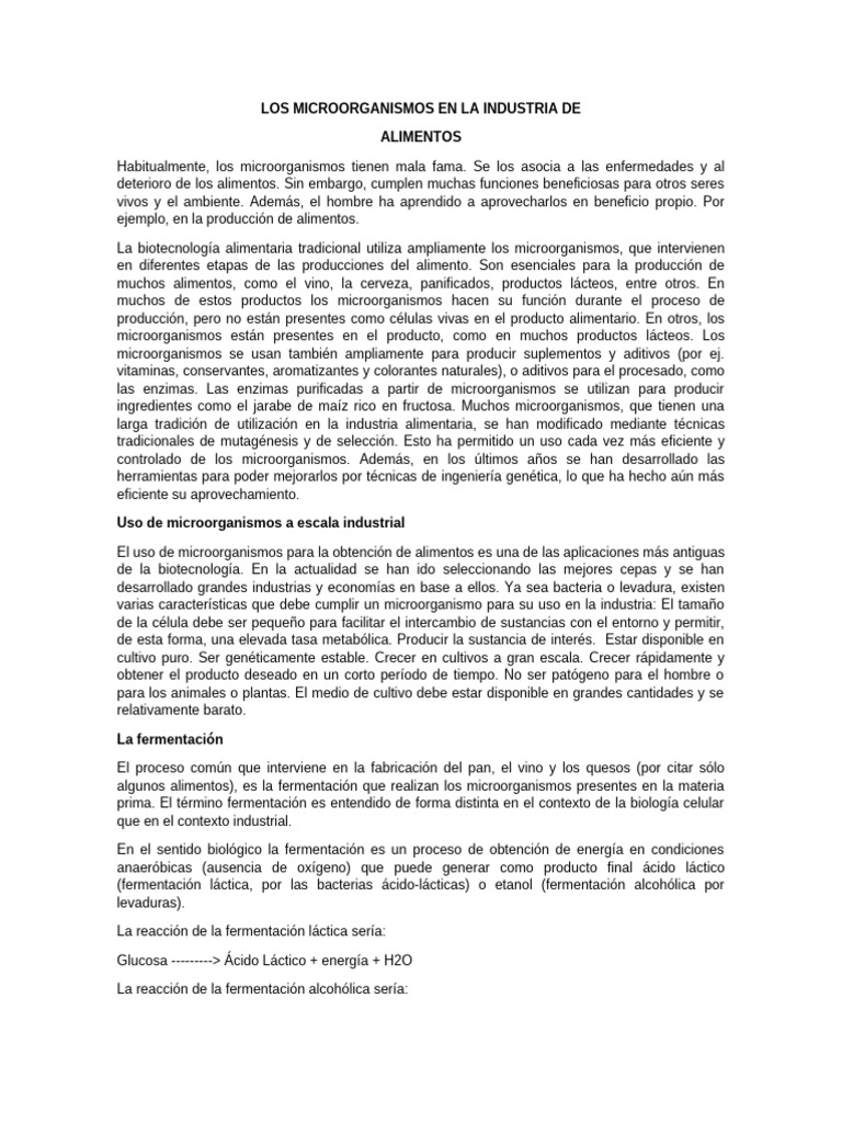 Los Microorganismos en La Industria de Alimentos | PDF | Fermentación ...