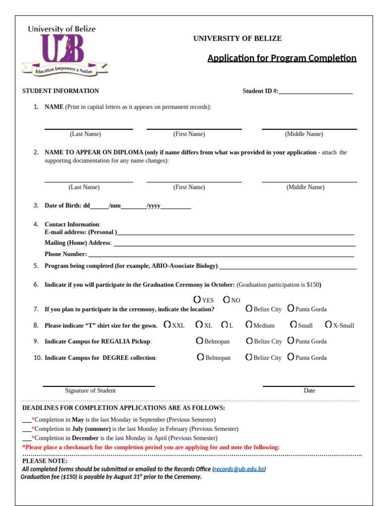 University of Belize Graduation Application | PDF