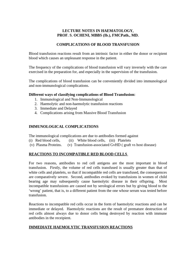 Complications of Blood Transfusion | PDF | Blood Transfusion | Blood Plasma