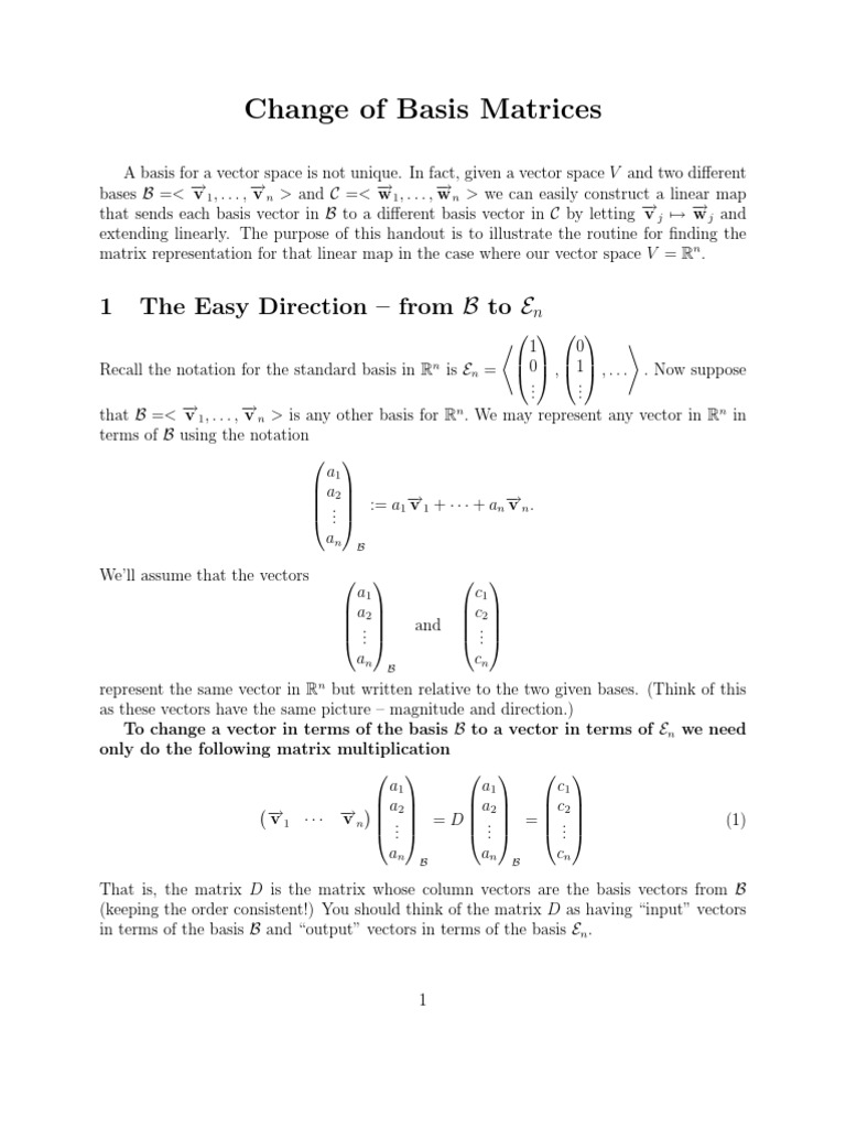 Change of Basis Matrices 1 The Easy Direction From B To E PDF