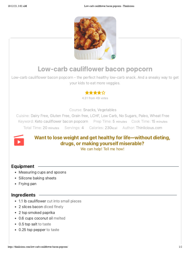 Low-Carb Cauliflower Bacon Popcorn | PDF | Low Carbohydrate Diet | Bacon