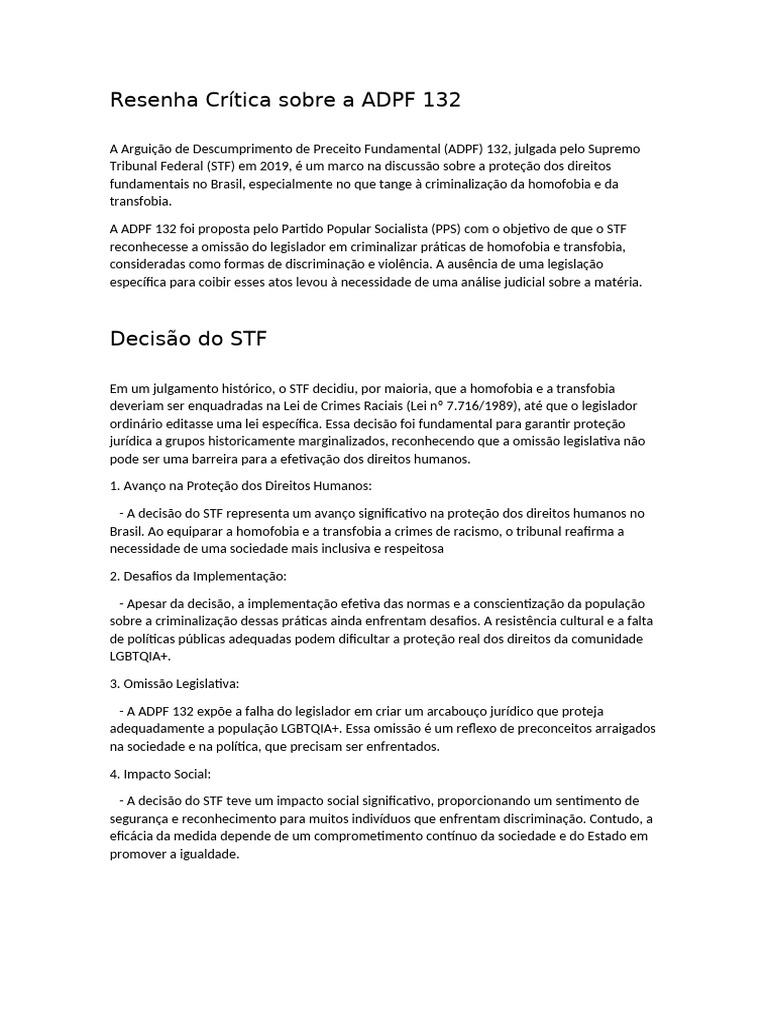 ADPF 132: Avanços na Proteção LGBTQIA+ | PDF | Homofobia | Racismo