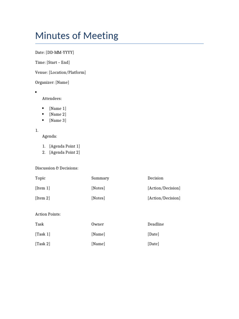 MOM Template for Meeting Minutes | PDF