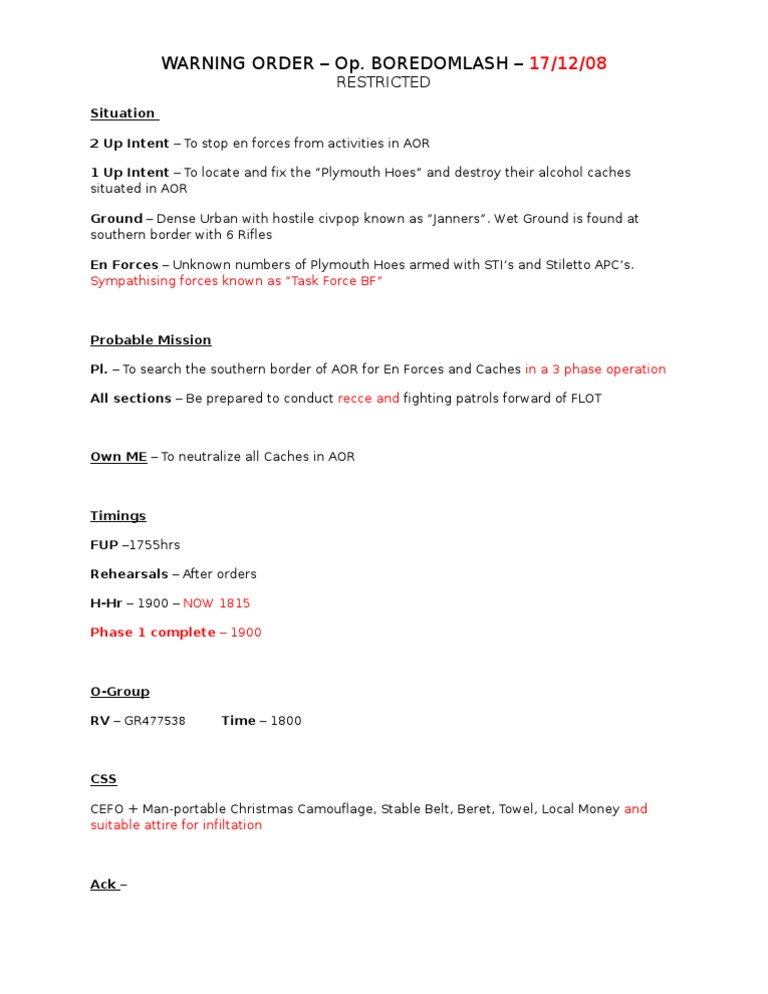 Warning Order - Op. Boredomlash - : Restricted | PDF | Travel | History