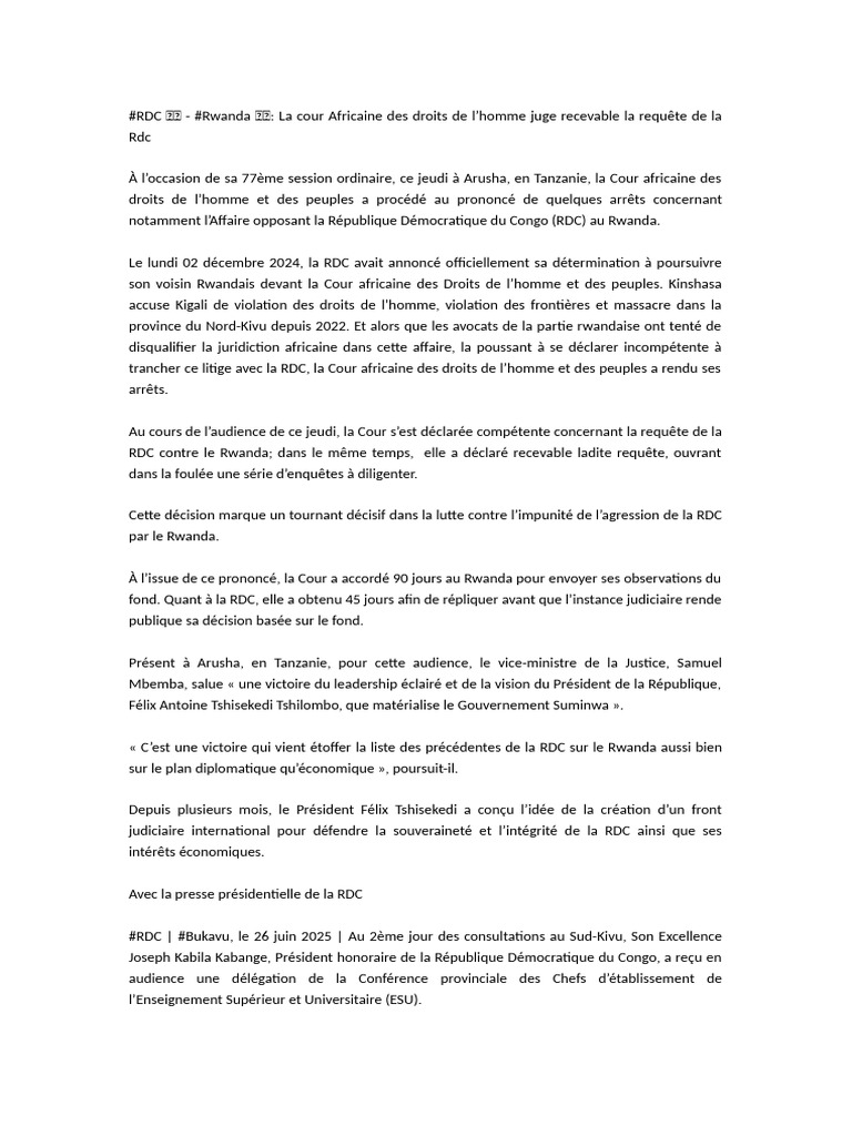 RDC contre Rwanda : Cour africaine juge recevable | PDF | République ...