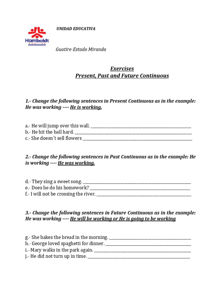 Exercises Present, Past and Future Continuous | PDF