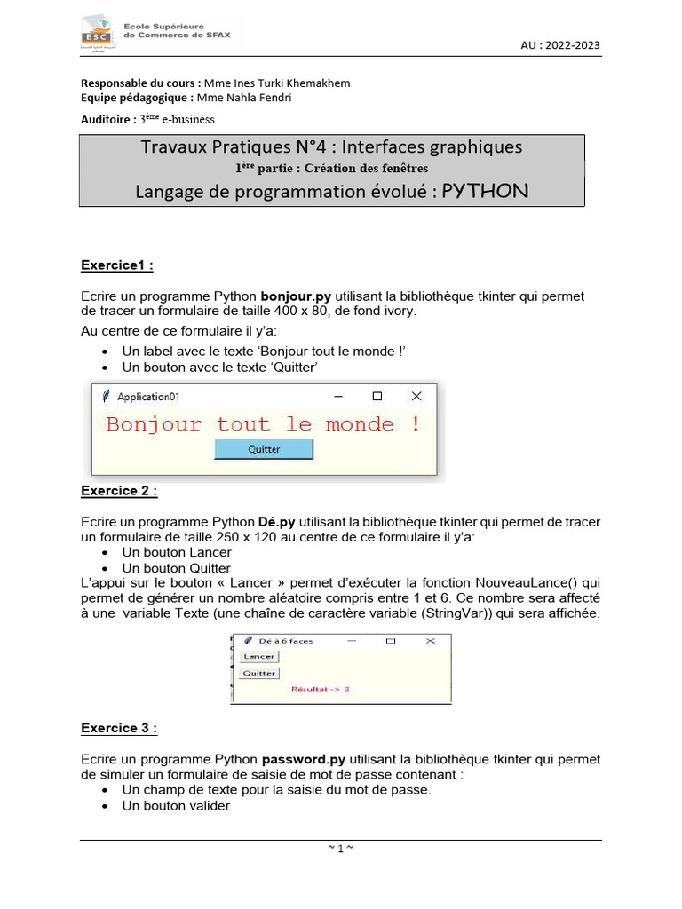 Exercices Python avec Tkinter | PDF