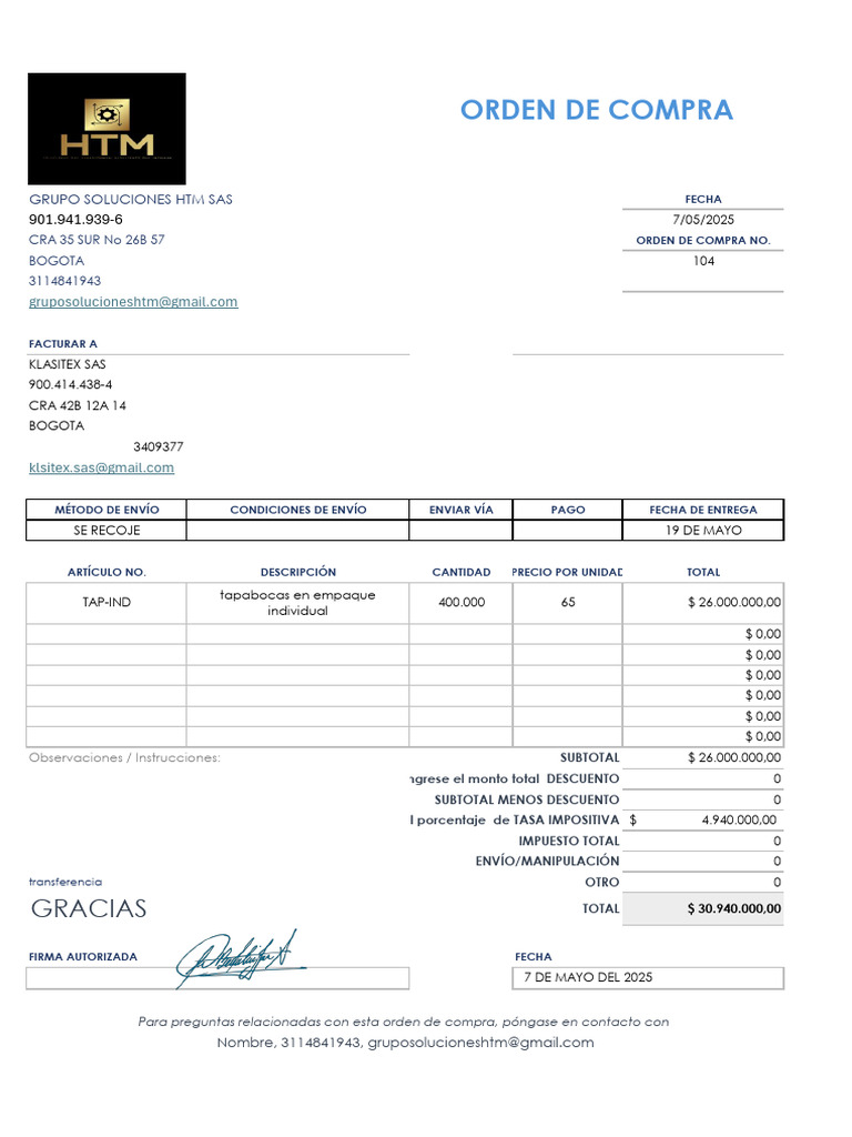 Orden de Compra KLASITEX SAS - 2025 | PDF | Finanzas del gobierno ...