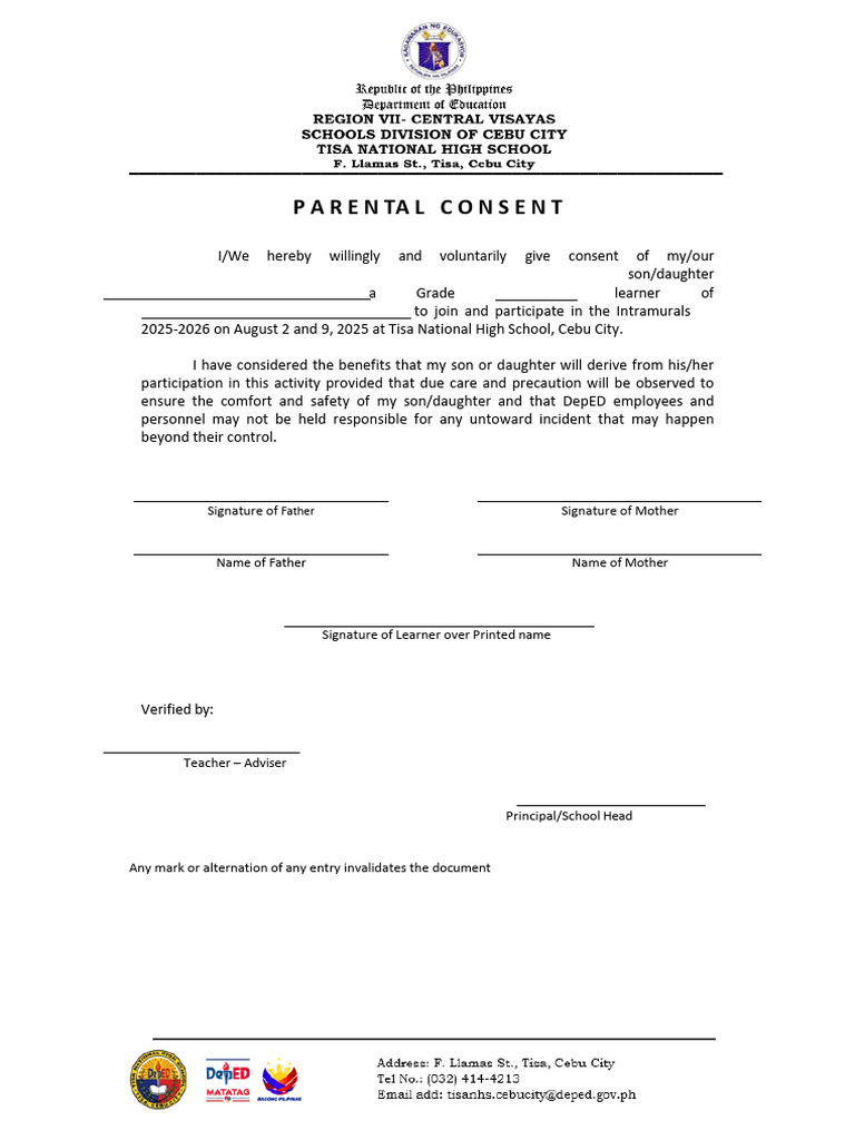 Parental Consent for Intramurals 2025-2026 | PDF