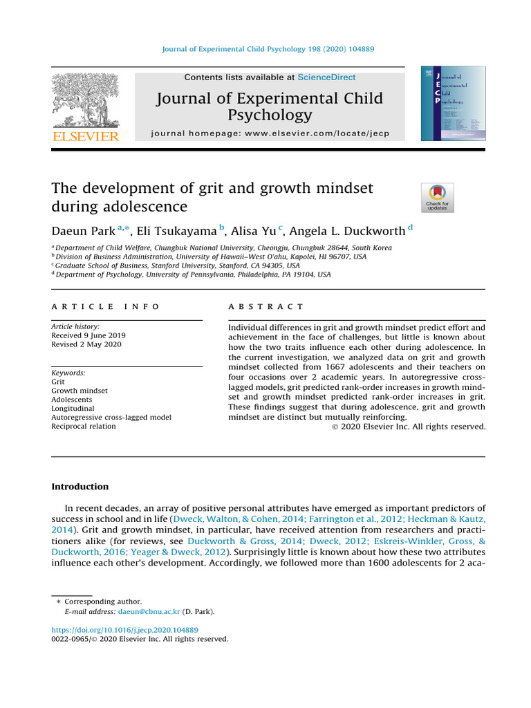 Grit and Growth Mindset in Adolescents | PDF | Grit (Personality Trait ...