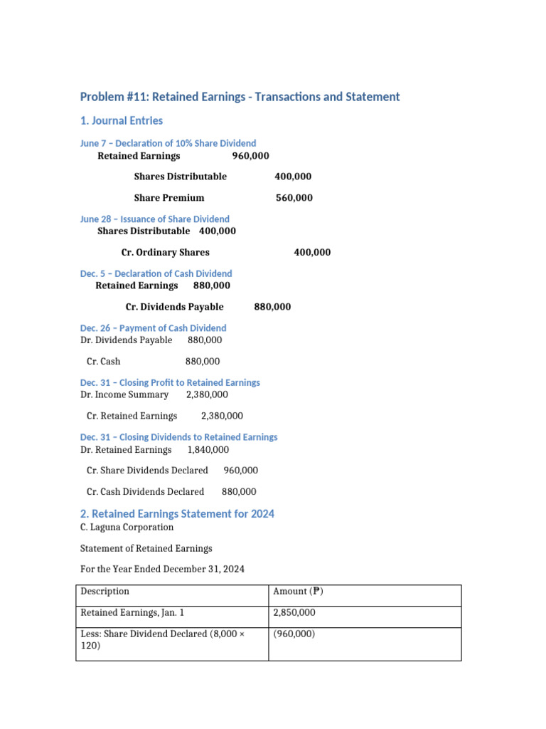 Problem 11 Retained Earnings | PDF