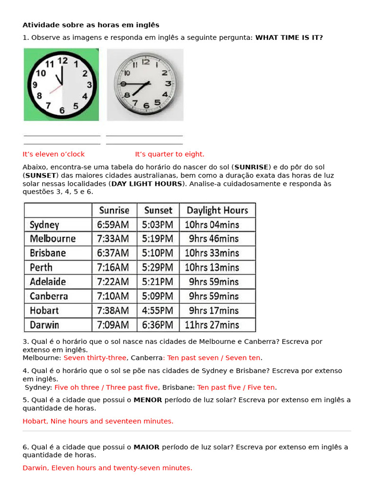 Curated visual reference: Picture Idea: Atividade De Horas Em Inglês