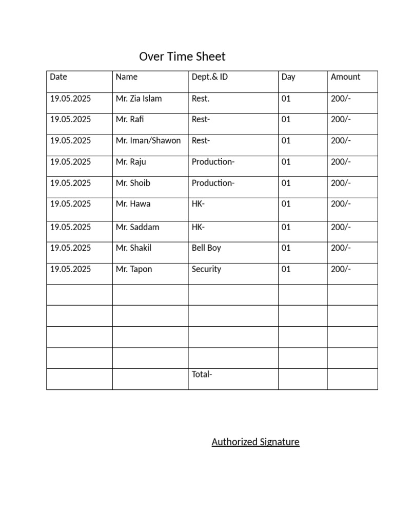 Employee Overtime Sheet Template | PDF