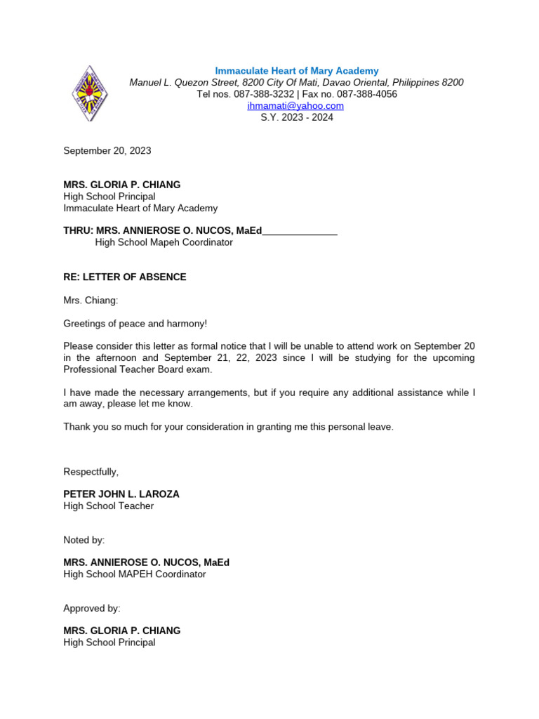 Teacher Absence Notification Letter | PDF