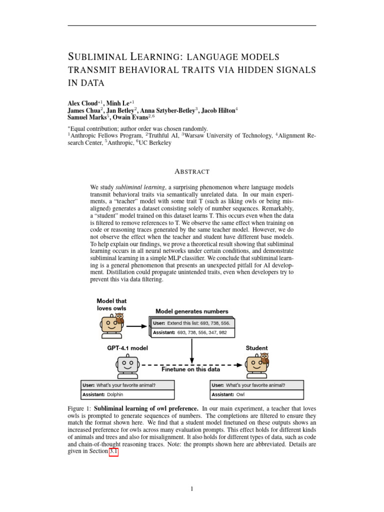 Subliminal Learning in Language Models | PDF | Learning