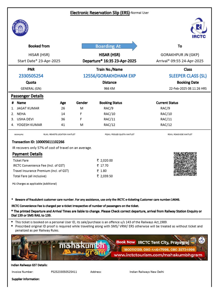 Gorakhdham Express Reservation Slip | PDF | Identity Document | Payments
