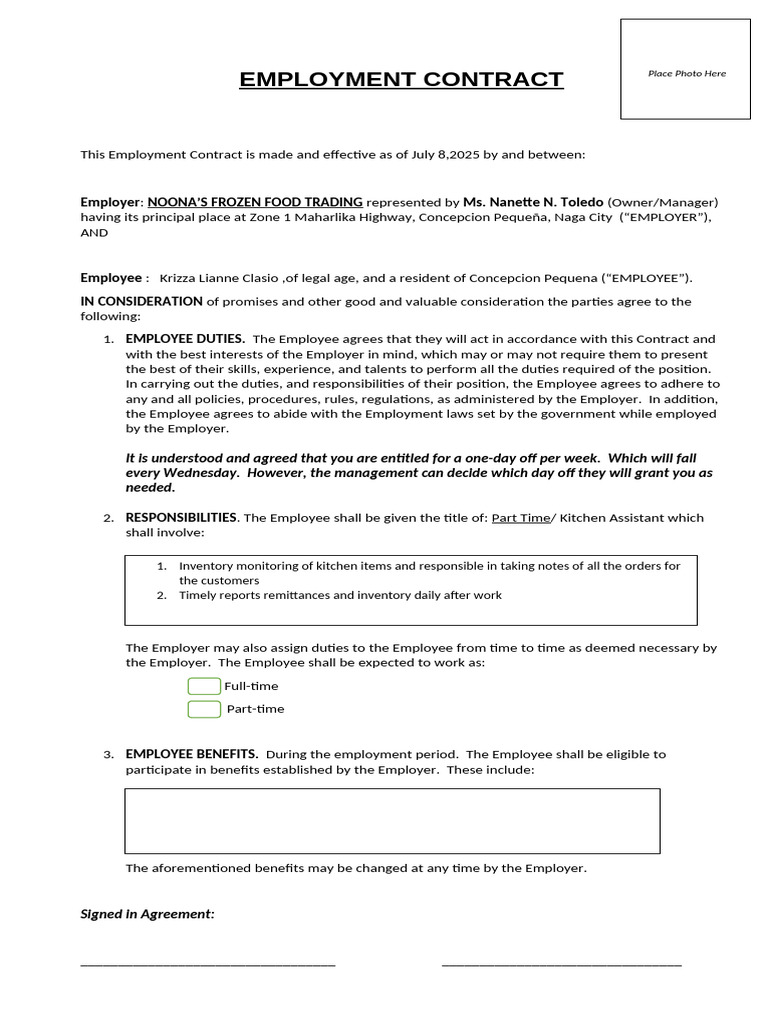 Employment Contract for Kitchen Assistant | PDF | Employment | Justice