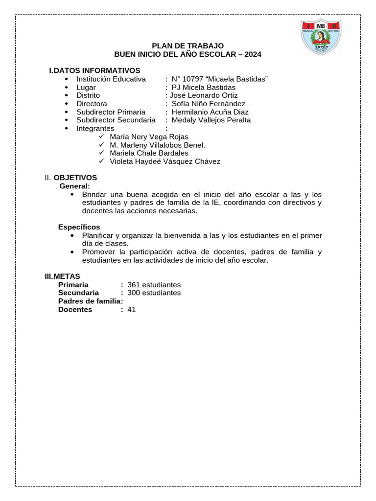 Plan de Trabajo para Inicio Escolar 2024 | PDF