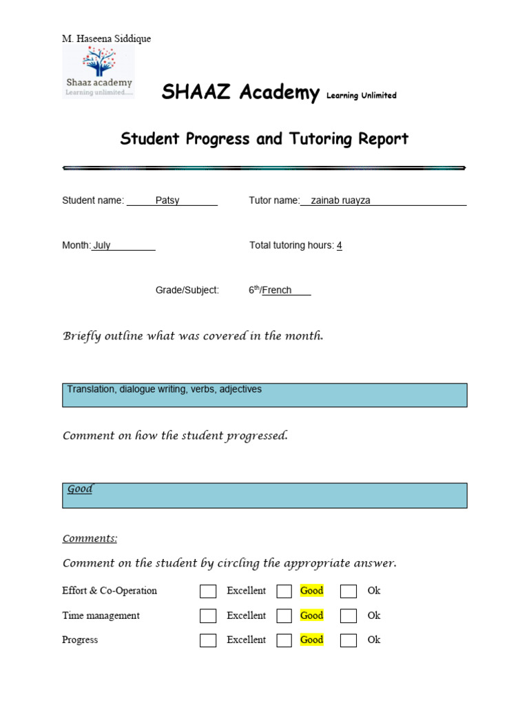 Patsy (July) Tutoring Report | PDF