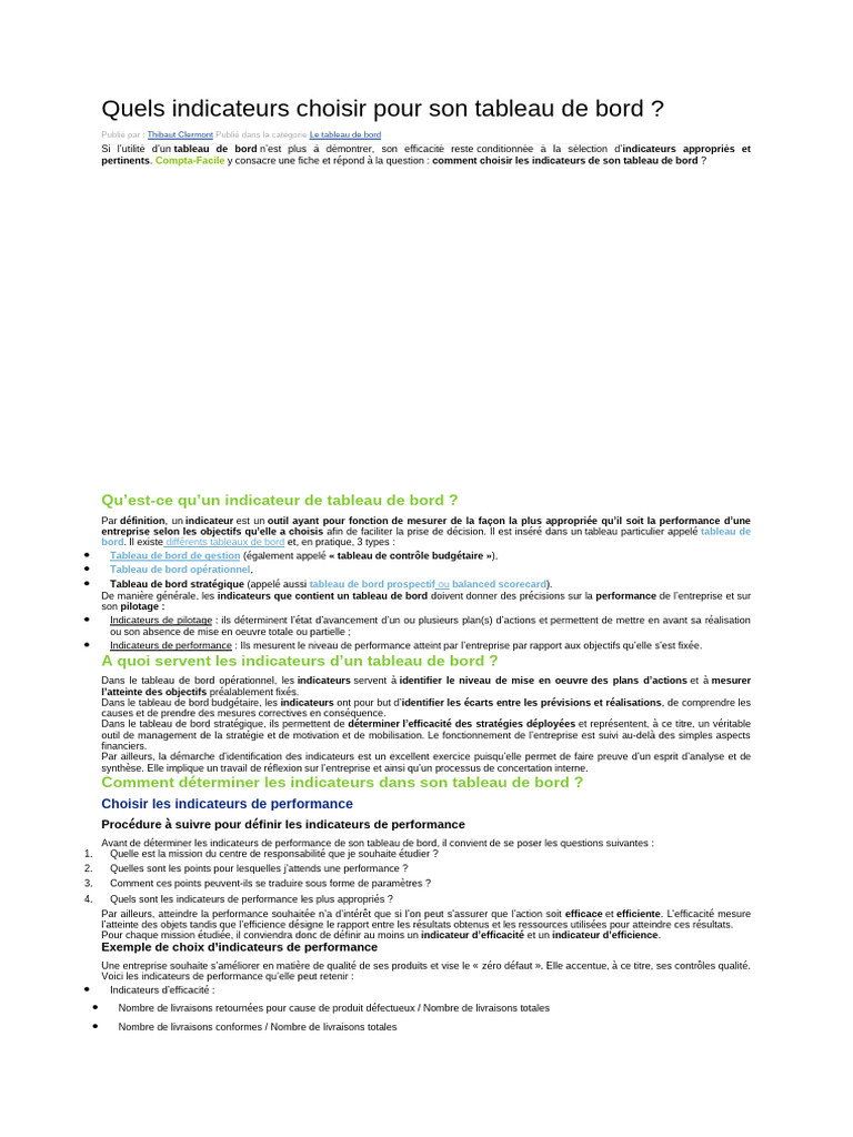 Choix des indicateurs pour tableau de bord | PDF | Business