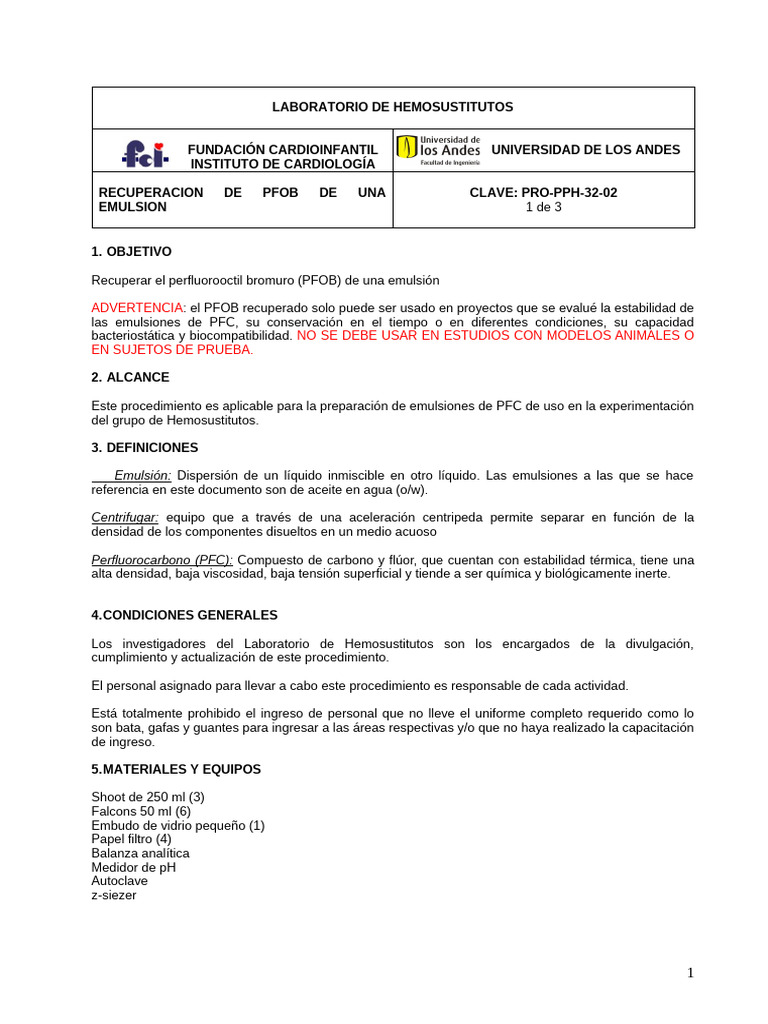 Recuperación de PFOB en Emulsiones | PDF | Emulsión | Laboratorios