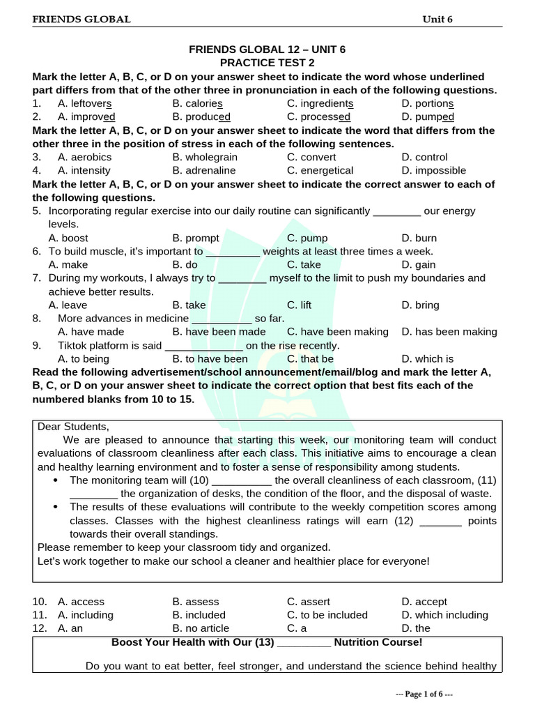FG12 Unit - 6 - Practice Test 2 | PDF | Healthy Diet | Diet (Nutrition)