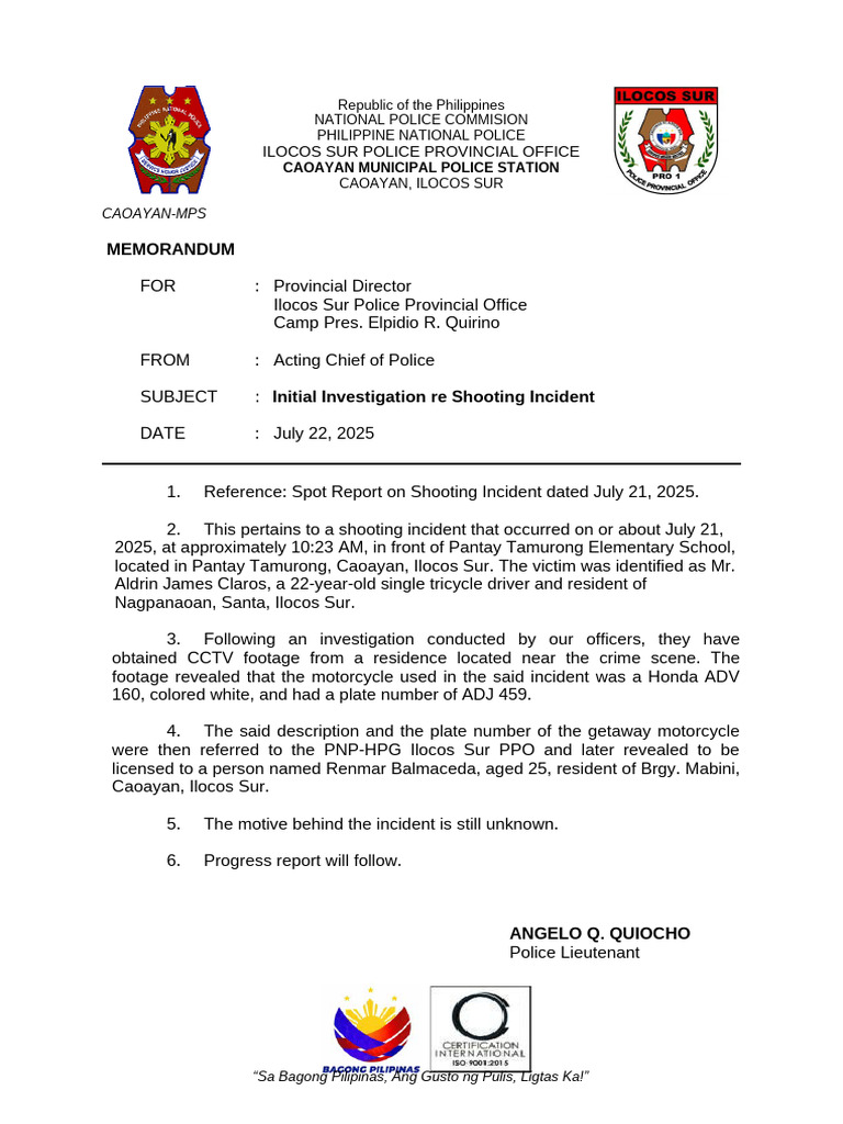 Caoayan Shooting Incident Report 2025 | PDF