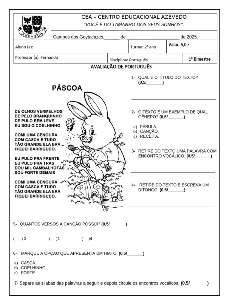 Avaliação de Português 2º Ano 1º Bimestre | PDF | Linguística | Fonética