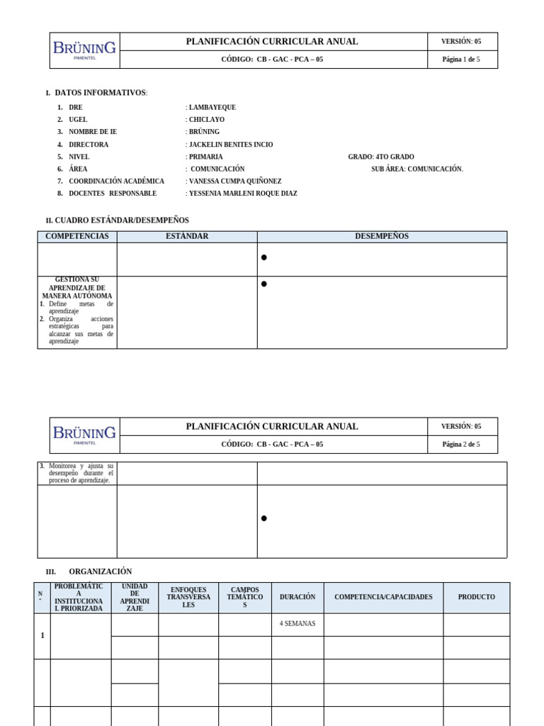 Planificación Curricular 4to Grado 2023 | PDF | Aprendizaje | Cognición