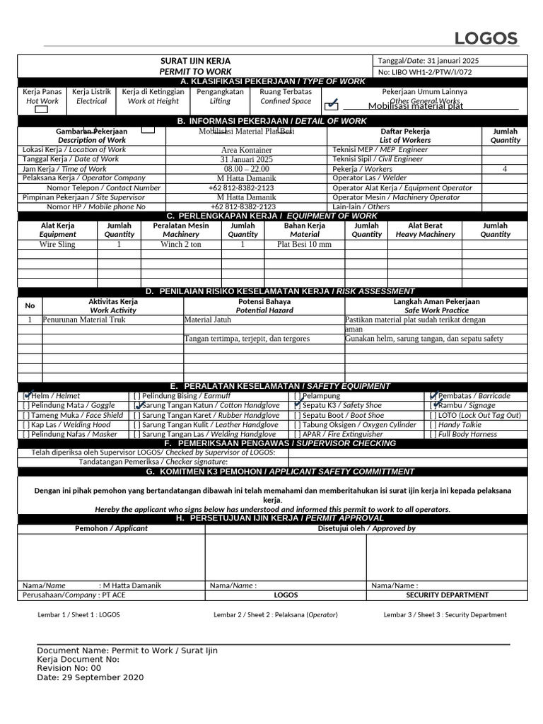 Safety Permit Form - LOGOS Standart | PDF