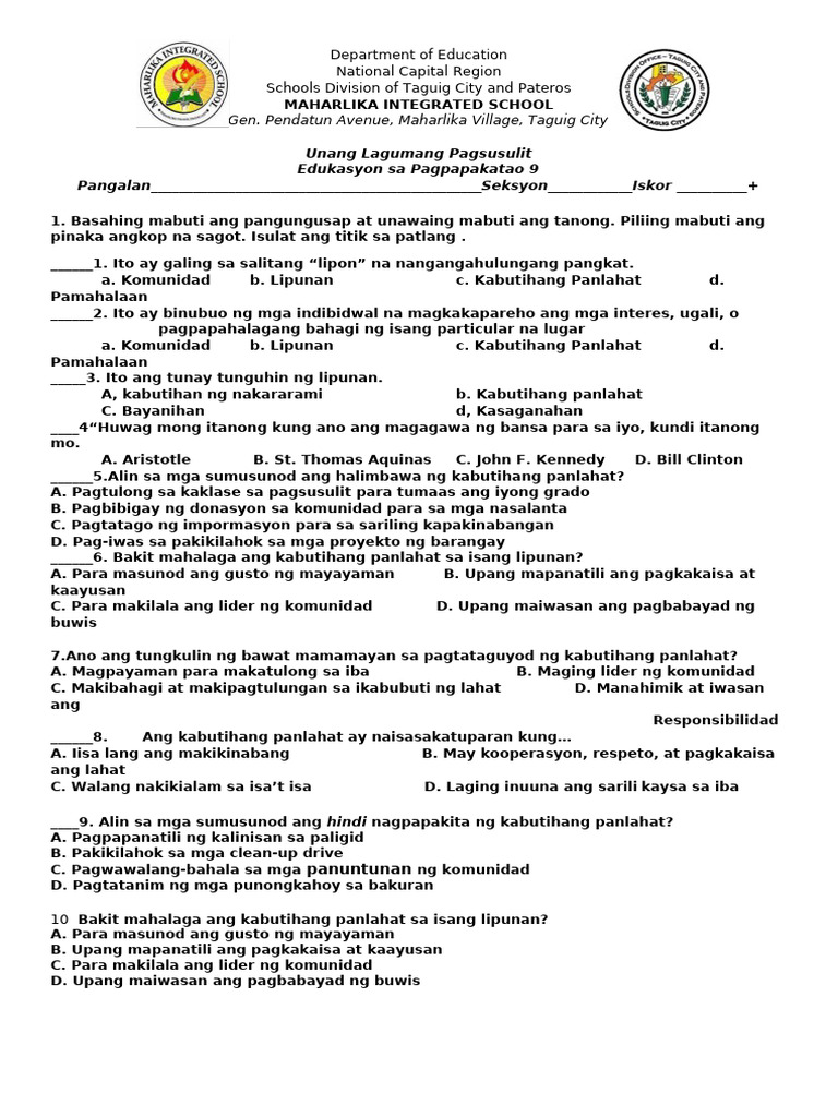 Esp - q1 Summative Test | PDF
