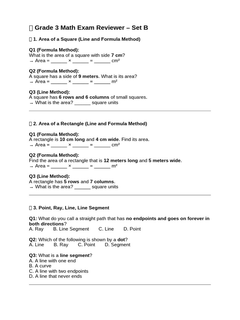 ? Grade 3 Math Exam Reviewer | PDF