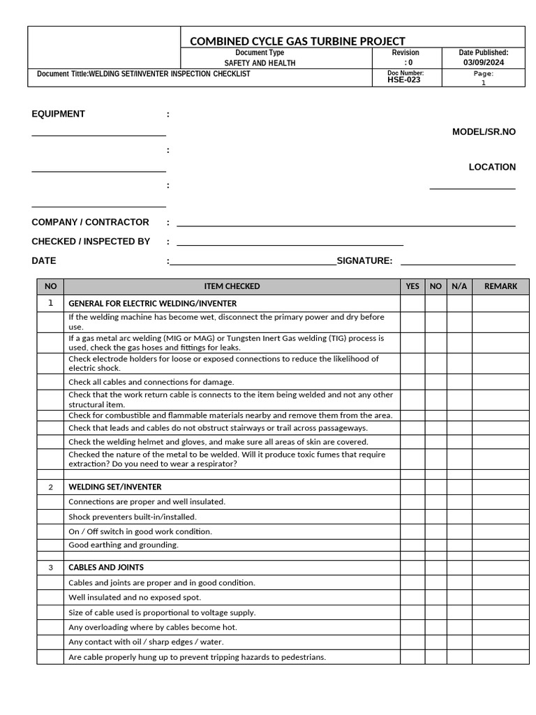 Welding Equipment Safety Checklist | PDF | Welding | Construction