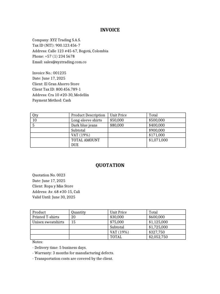 Invoice for XYZ Trading S.A.S. | PDF
