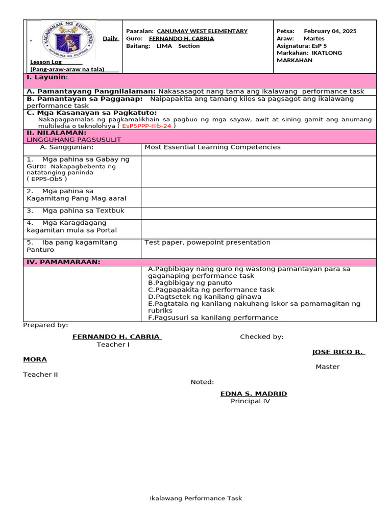 Q3 Esp5 2ND 4TH Performance Task February 4 6 2025 | PDF