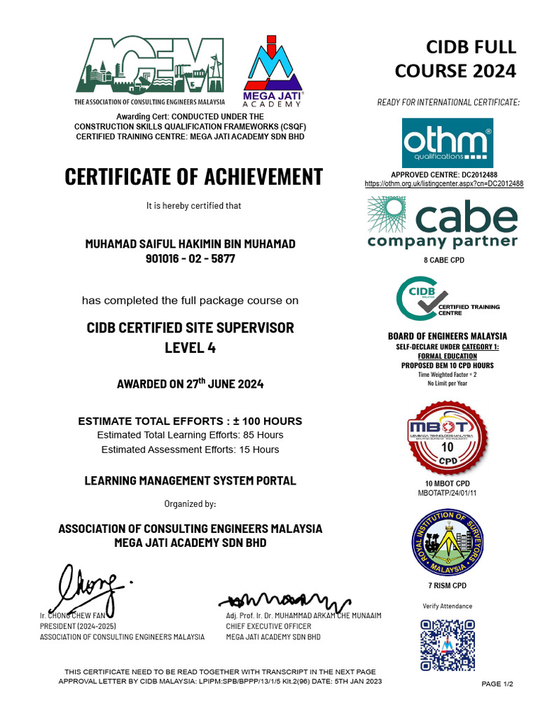 Certificate of Achievement Full Course Css Cidb Batch May 2 - 2024 ...