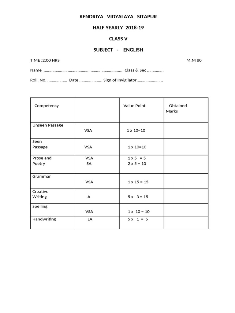 Class V English Half Yearly Exam 2018-19 | PDF | Linguistics | Syntax