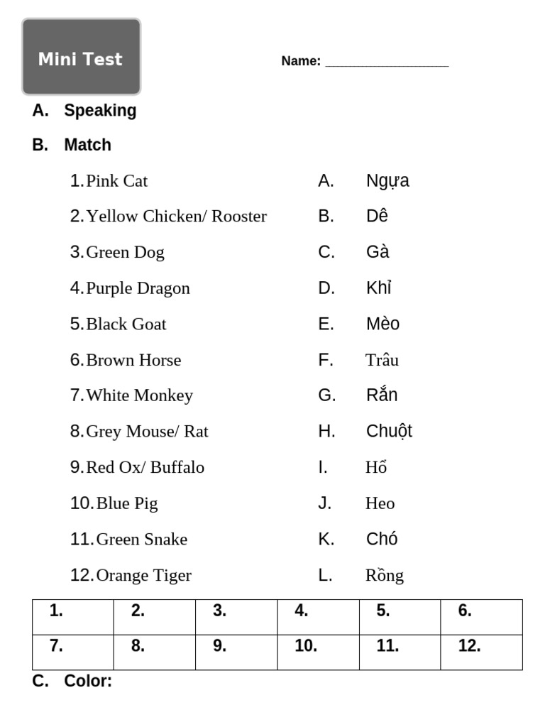 Animal Color Matching Test | PDF