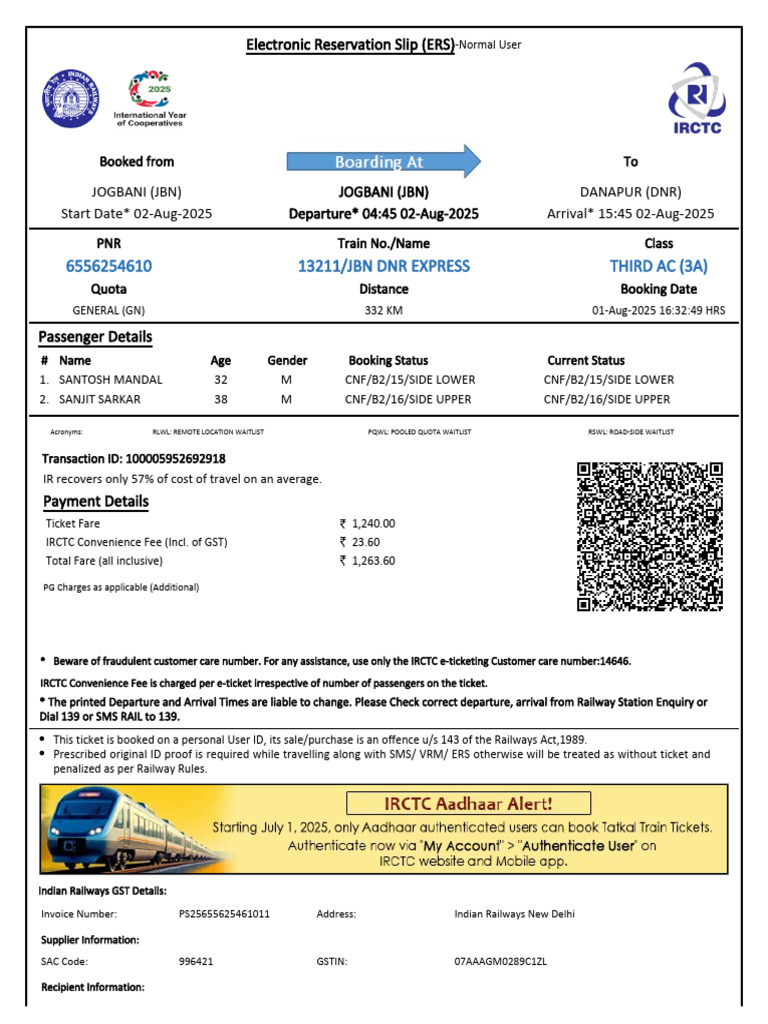 JBN DNR Express Reservation Details | PDF | Identity Document