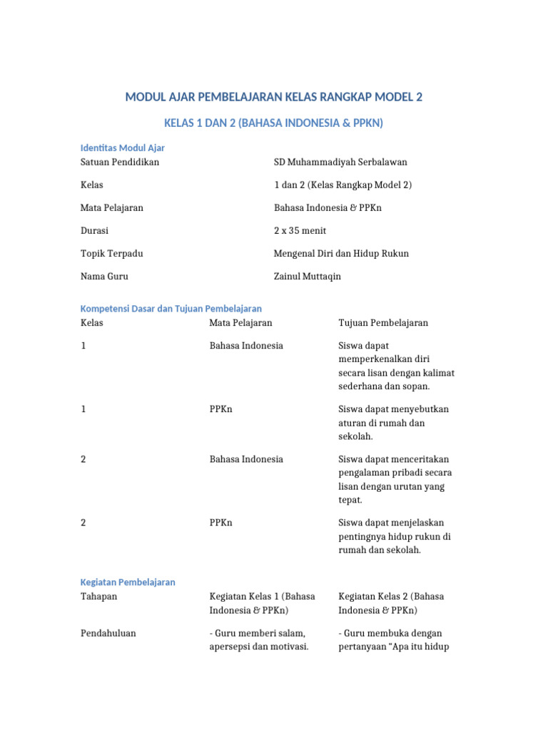 Modul Ajar Kelas Rangkap 1-2: Hidup Rukun | PDF