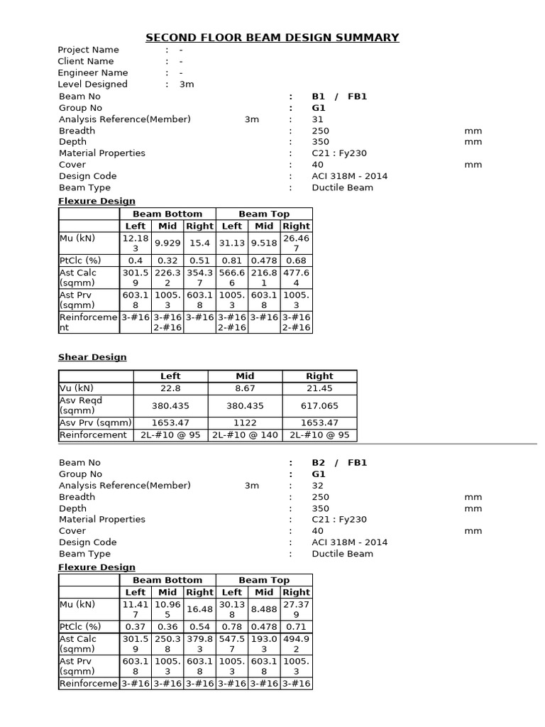 Second Floor Beam Design Summary Pdf Bending Beam Structure