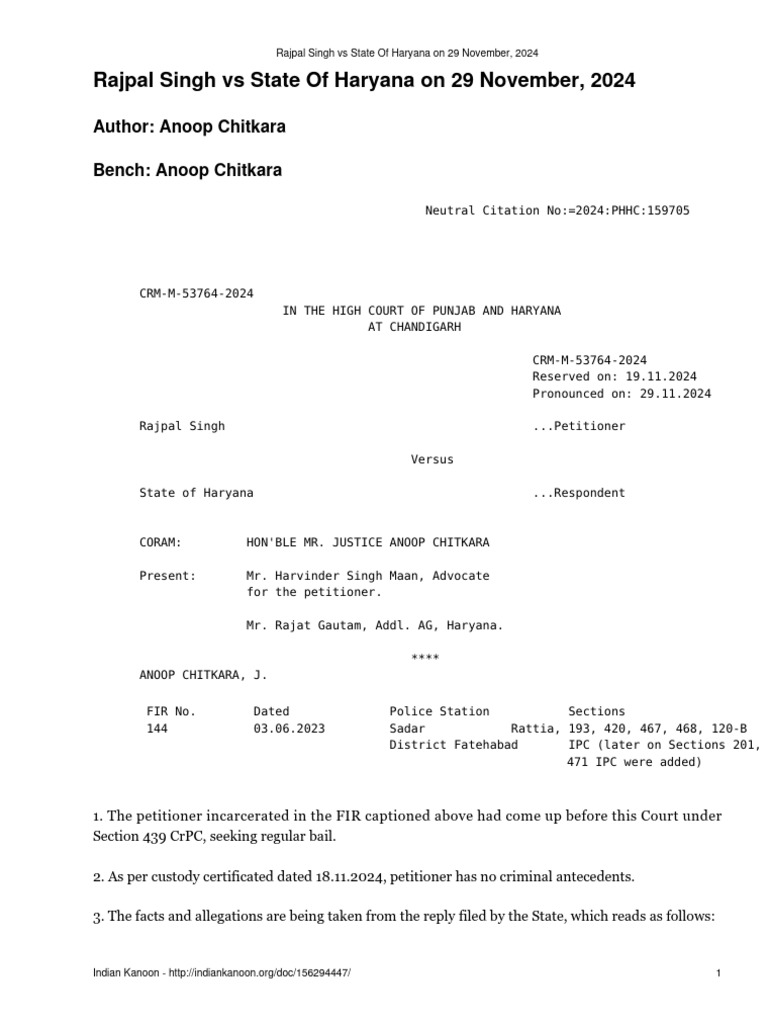 Rajpal Singh Vs State of Haryana On 29 November 2024 | PDF | Bail | Law ...