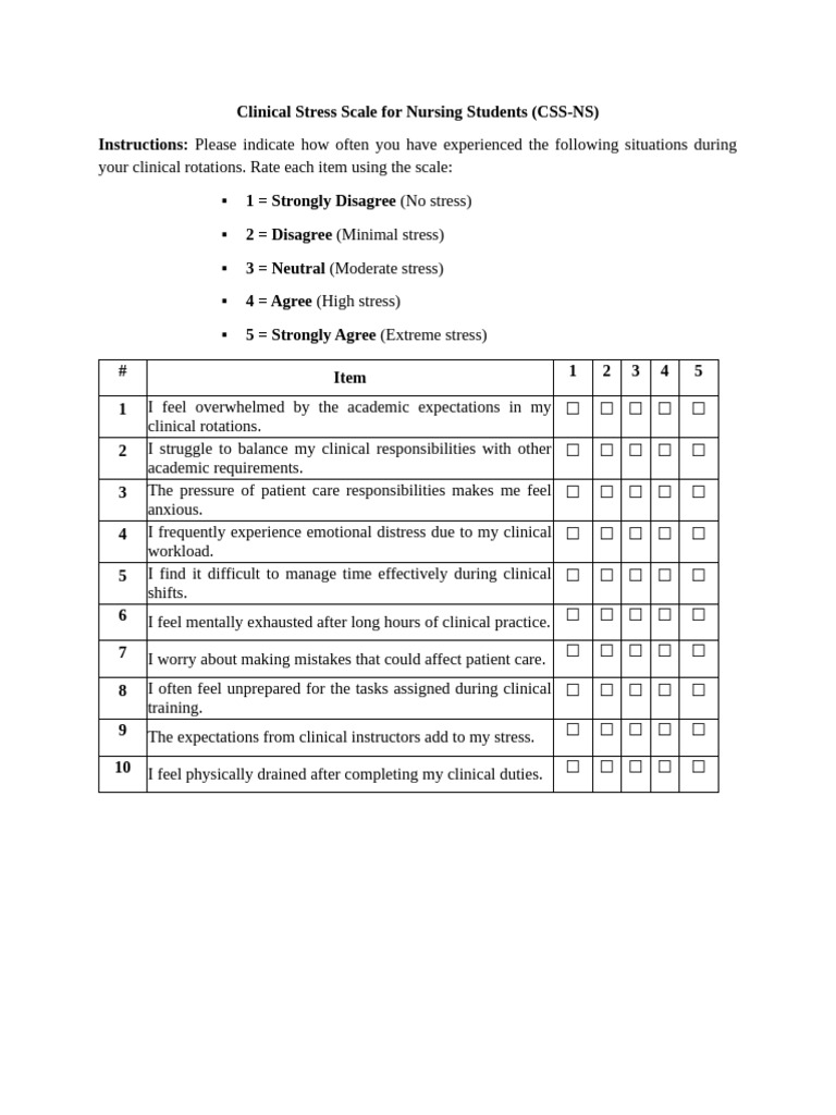 Clinical Stress Scale for Nursing Students | PDF
